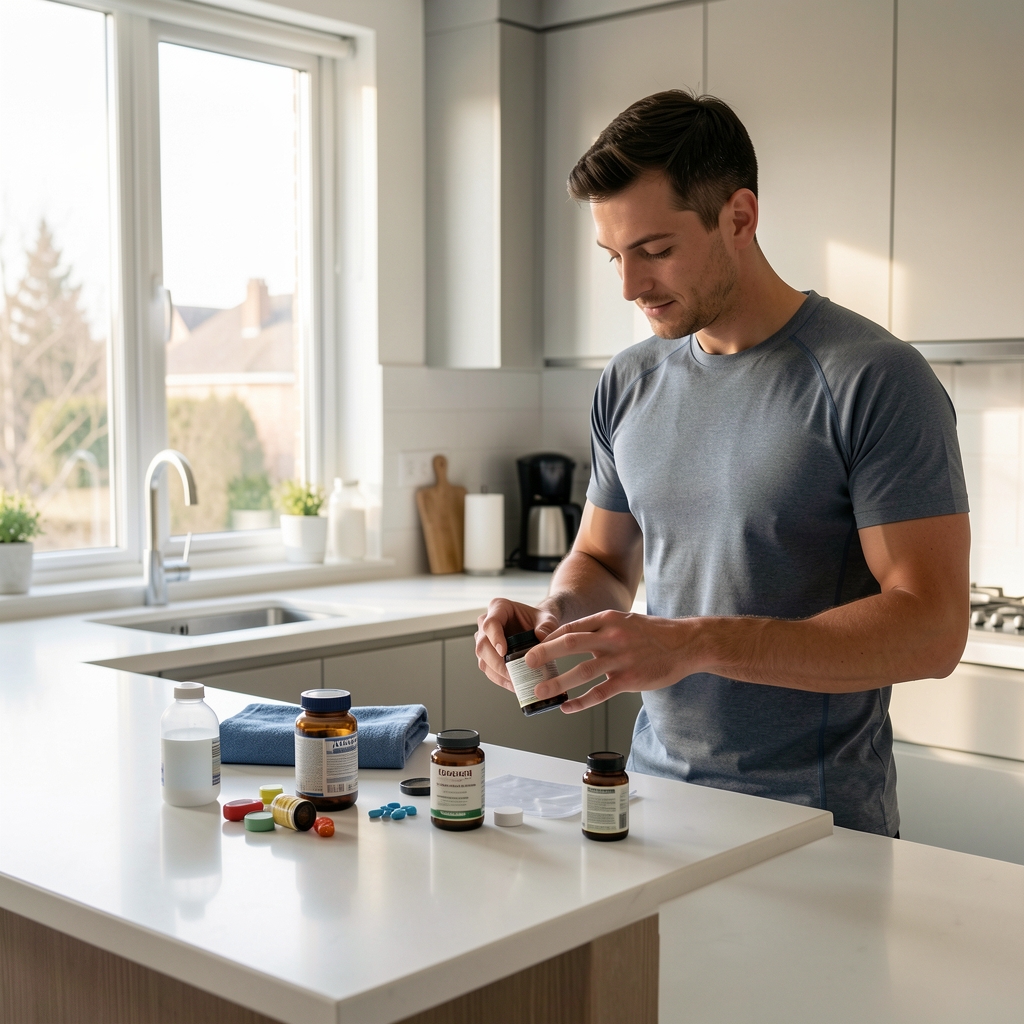 A man in athletic wear preparing his morning supplement routine on a clean kitchen counter with natural light streaming through a window