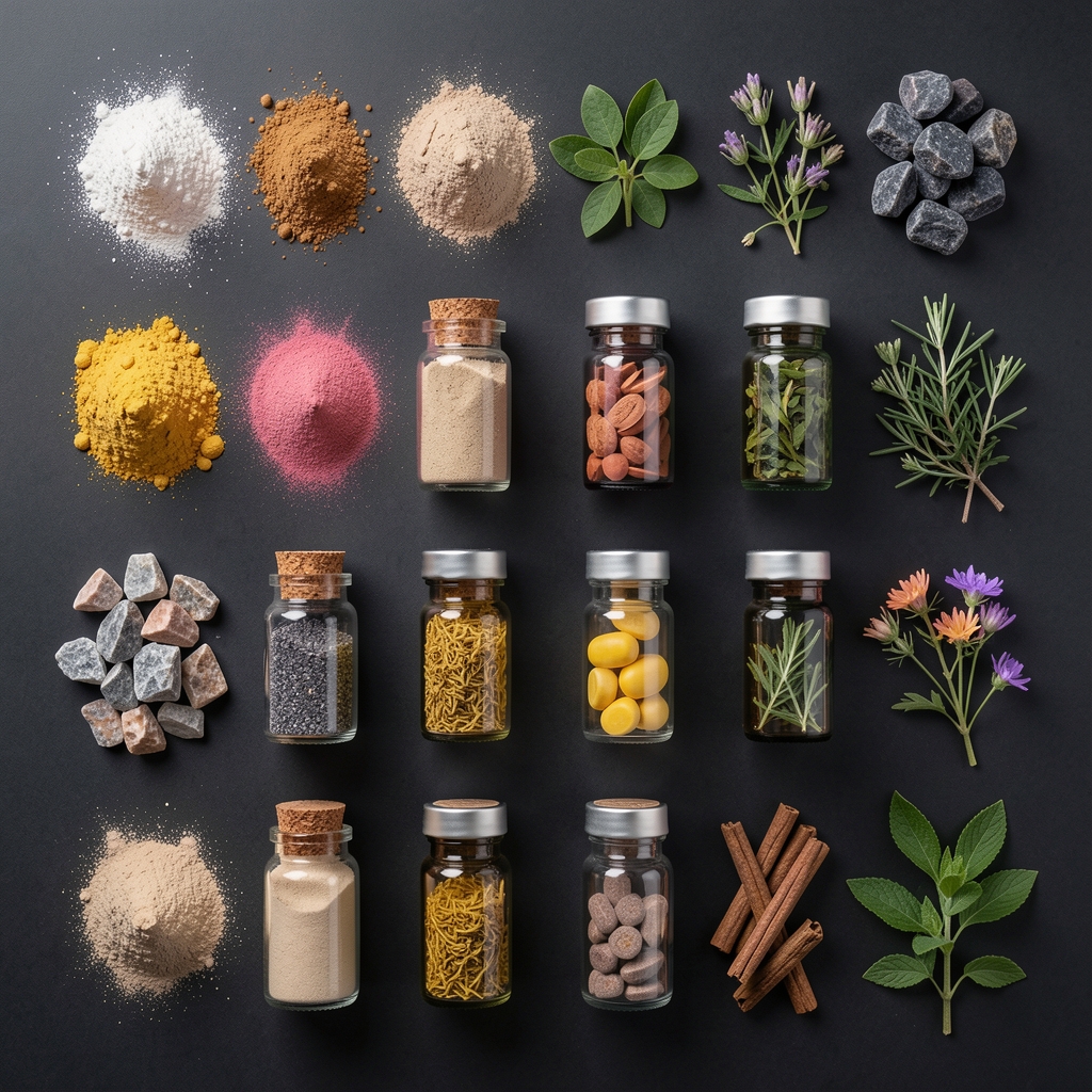 Flat-lay photograph of supplement ingredient specimens including mineral powders, plant extract vials, and botanical samples arranged in a grid formation on a dark surface
