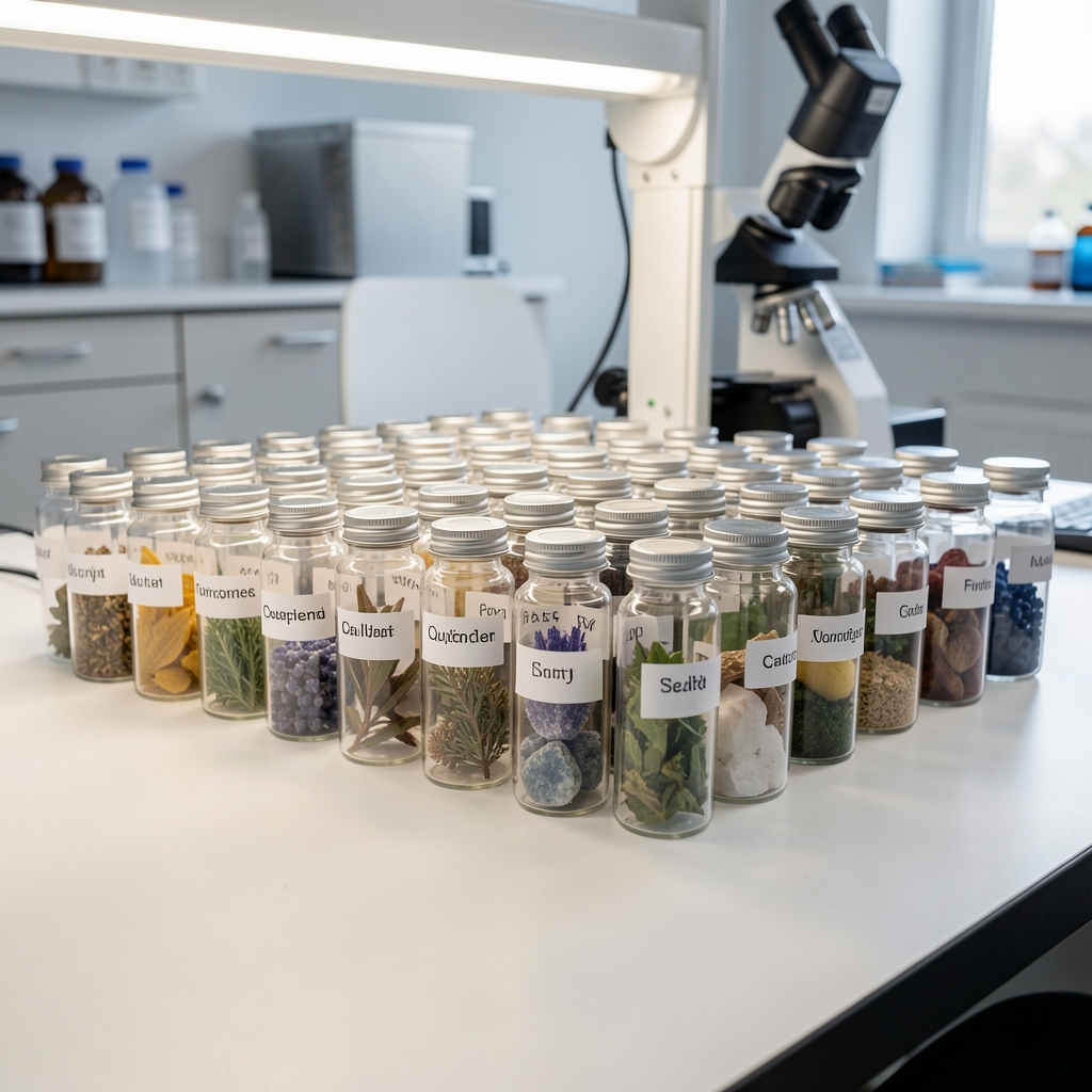 Rows of labelled glass sample vials containing mineral and botanical ingredient specimens on a quality-control bench under controlled lighting in a food supplement verification workspace
