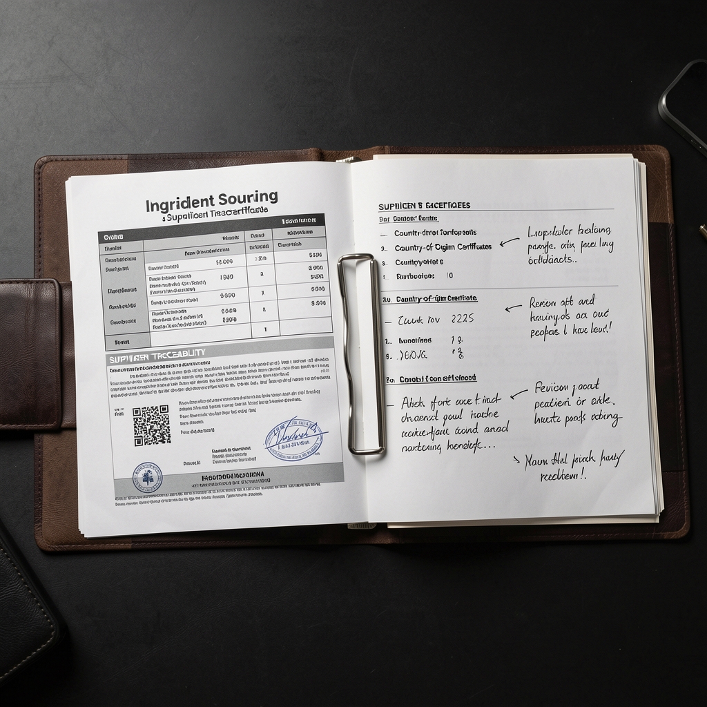 Open ingredient sourcing folder with printed supplier traceability documentation, country-of-origin certificates, and handwritten review annotations on a dark workspace surface
