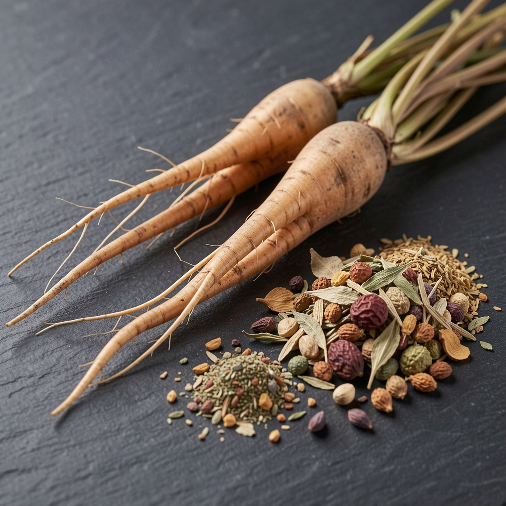 Close-up of adaptogen roots and dried botanical herbs arranged on a dark slate surface, showing whole-food supplement source materials