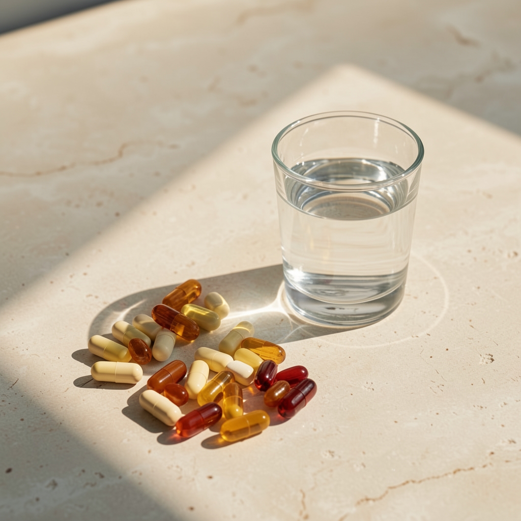 Assorted vitamin D3 supplement servings beside a small glass of water and sunlight casting a shadow on a pale stone surface