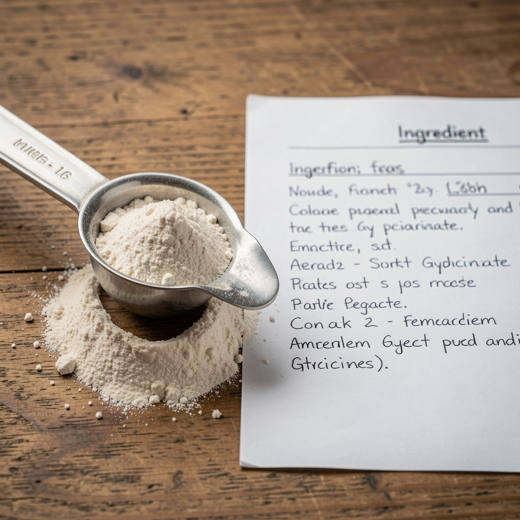 A measuring scoop of magnesium glycinate powder resting on a wooden surface beside a handwritten ingredient specification document
