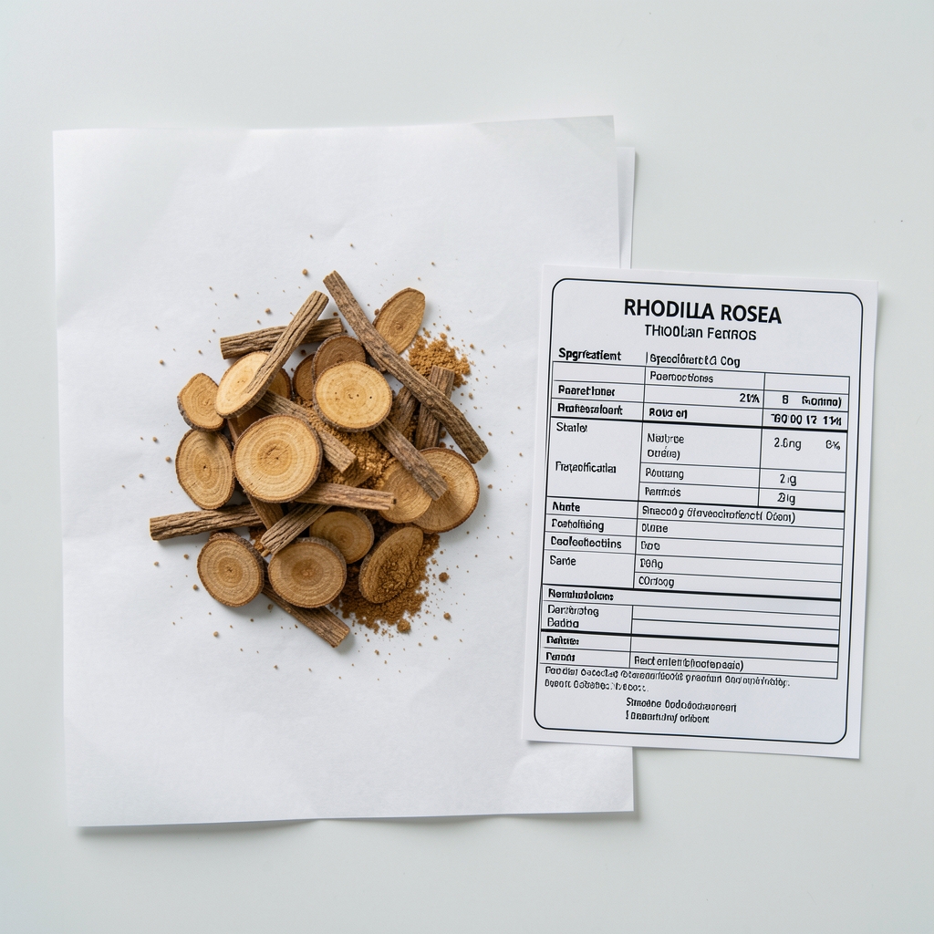 Rhodiola rosea dried root slices and powder laid on white laboratory paper beside an ingredient specification card, photographed from above in a clean workspace
